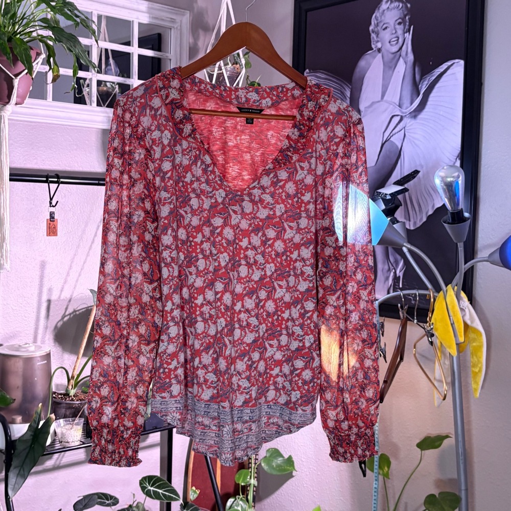 Lucky Brand Red Floral Sheer Blouse Long Sleeve Boho XL